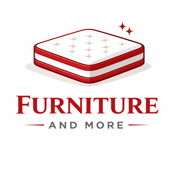 Red and white mattress with 'Furniture and More' text on a white background
